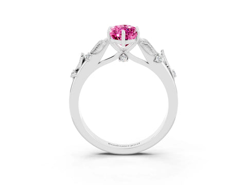 White gold Marquise Cut Pink Sapphire Solitaire Ring with Leaf Motif Band and Four-Prong Setting_15