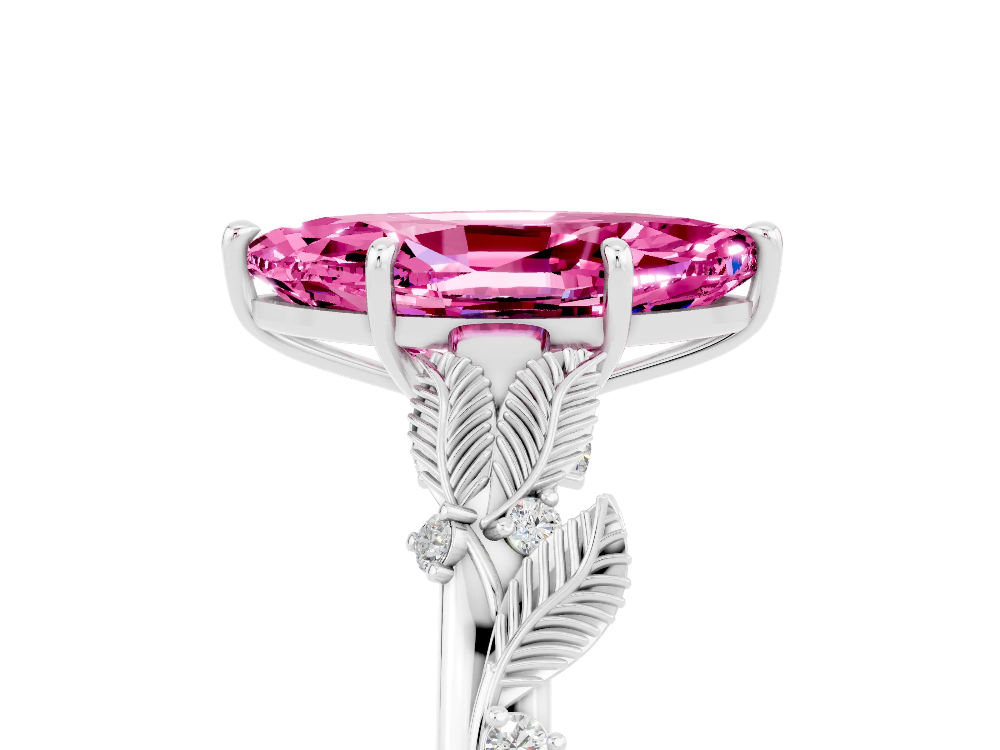 White gold Marquise Cut Pink Sapphire Solitaire Ring with Leaf Motif Band and Four-Prong Setting_17