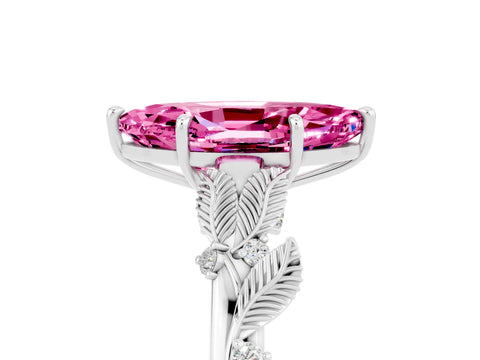 White gold Marquise Cut Pink Sapphire Solitaire Ring with Leaf Motif Band and Four-Prong Setting_17