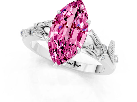 White gold Marquise Cut Pink Sapphire Solitaire Ring with Leaf Motif Band and Four-Prong Setting_1