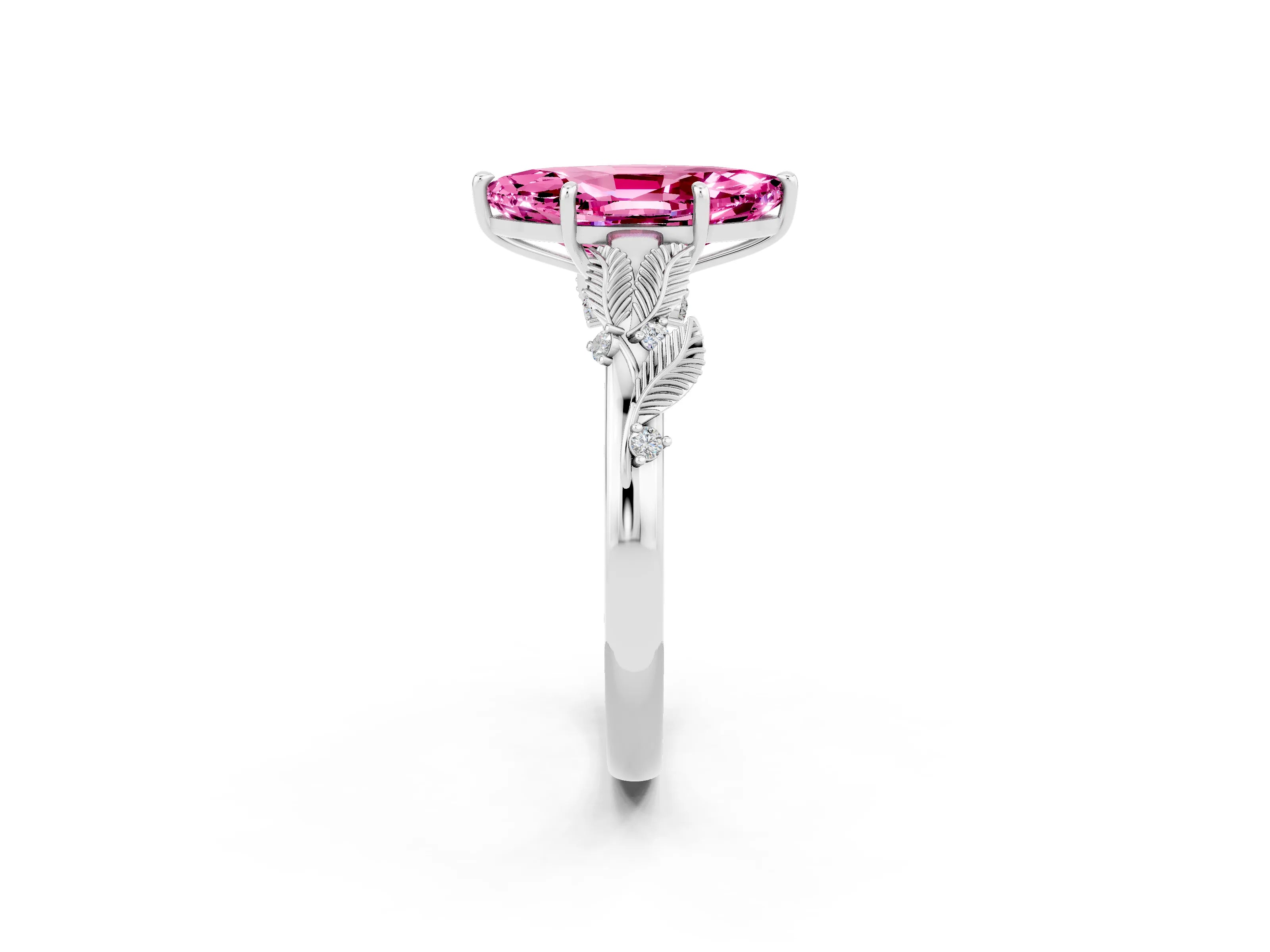 White gold Marquise Cut Pink Sapphire Solitaire Ring with Leaf Motif Band and Four-Prong Setting_2