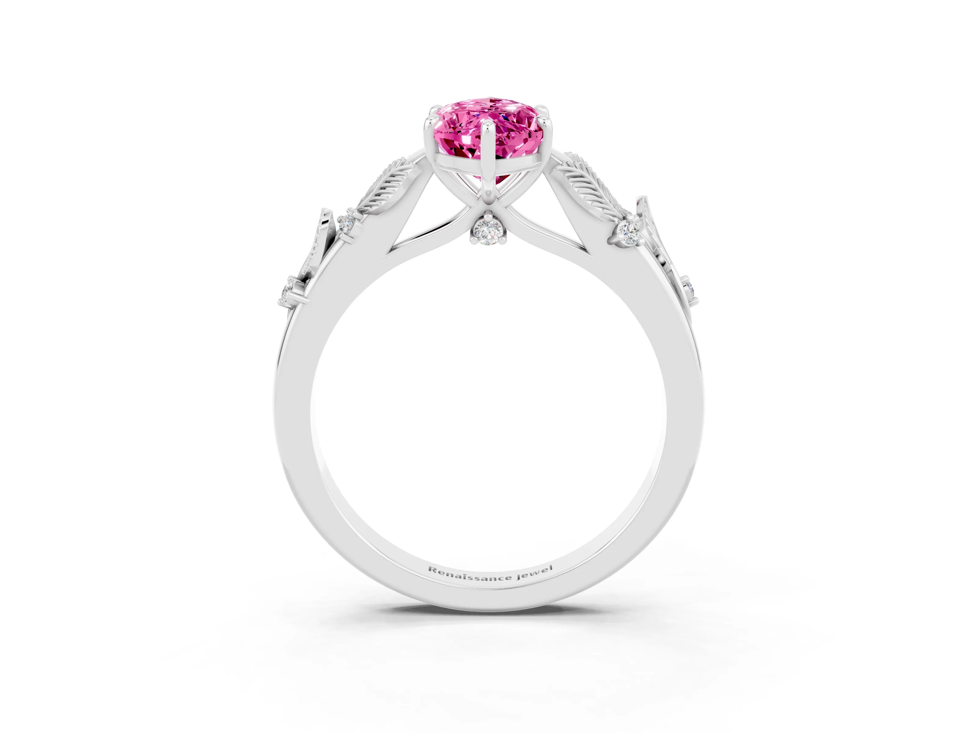White gold Marquise Cut Pink Sapphire Solitaire Ring with Leaf Motif Band and Four-Prong Setting_3