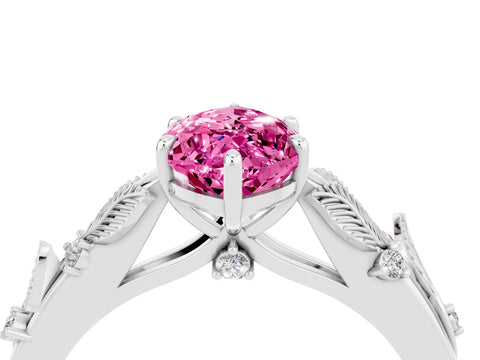 White gold Marquise Cut Pink Sapphire Solitaire Ring with Leaf Motif Band and Four-Prong Setting_4