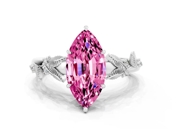 Silver Marquise Cut Pink Sapphire Solitaire Ring with Leaf Motif Band and Four-Prong Setting