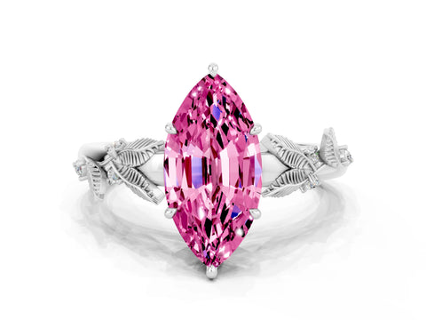 White gold Marquise Cut Pink Sapphire Solitaire Ring with Leaf Motif Band and Four-Prong Setting