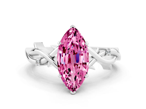 Platinum Marquise Cut Pink Sapphire Solitaire Ring with Milgrain Pavé Band and Four-Prong Setting
