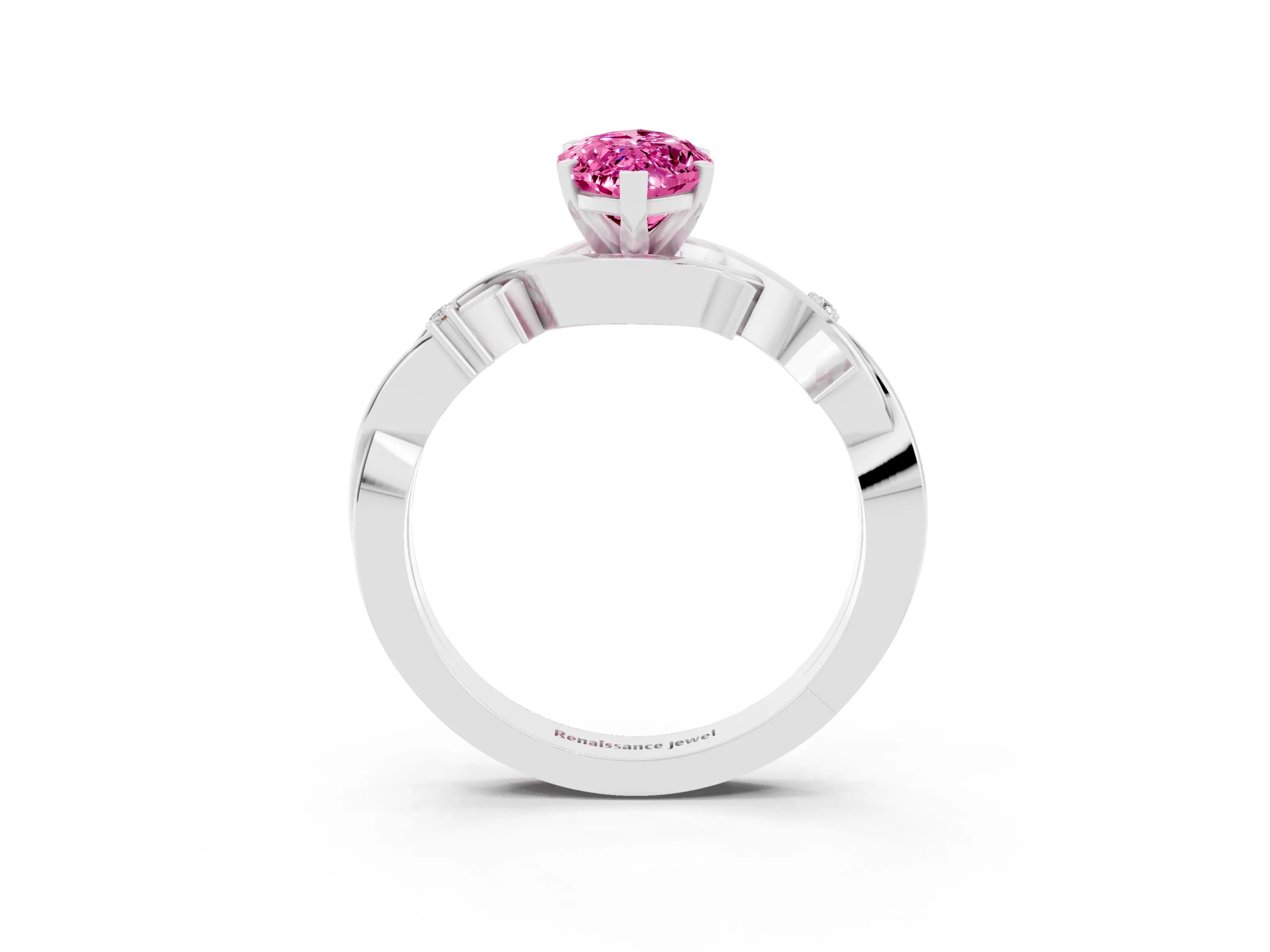 White gold Marquise Cut Pink Sapphire Solitaire Ring with Milgrain Pavé Band and Four-Prong Setting_15