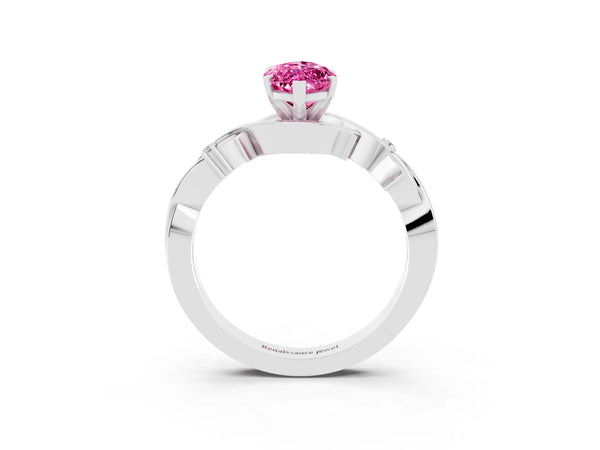 Silver Marquise Cut Pink Sapphire Solitaire Ring with Milgrain Pavé Band and Four-Prong Setting