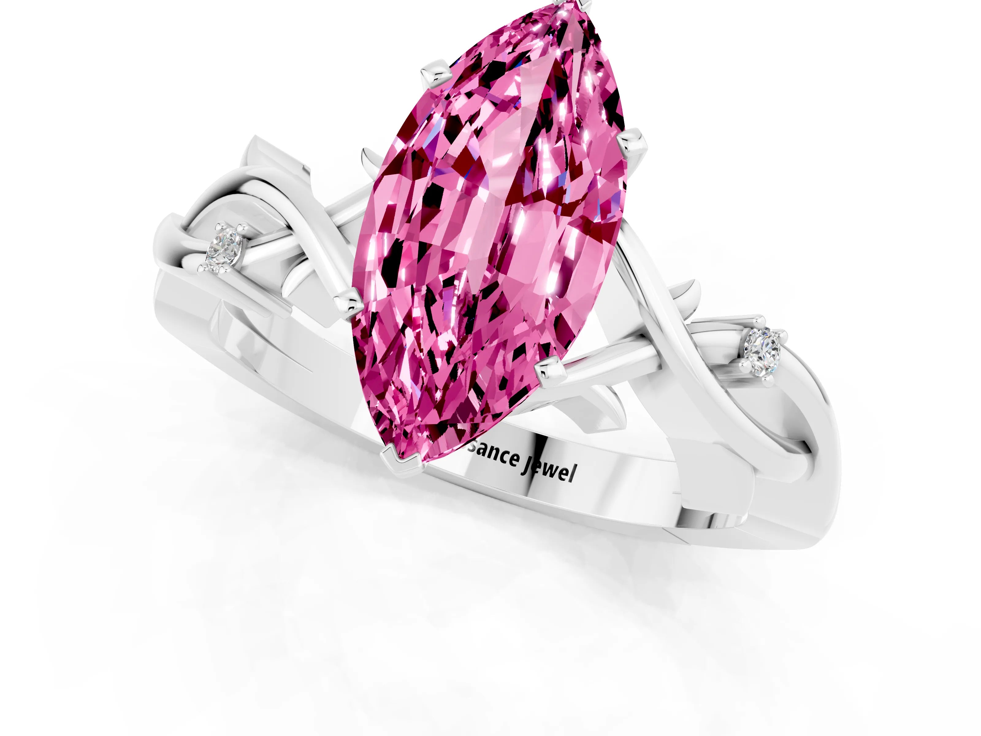 White gold Marquise Cut Pink Sapphire Solitaire Ring with Milgrain Pavé Band and Four-Prong Setting_37