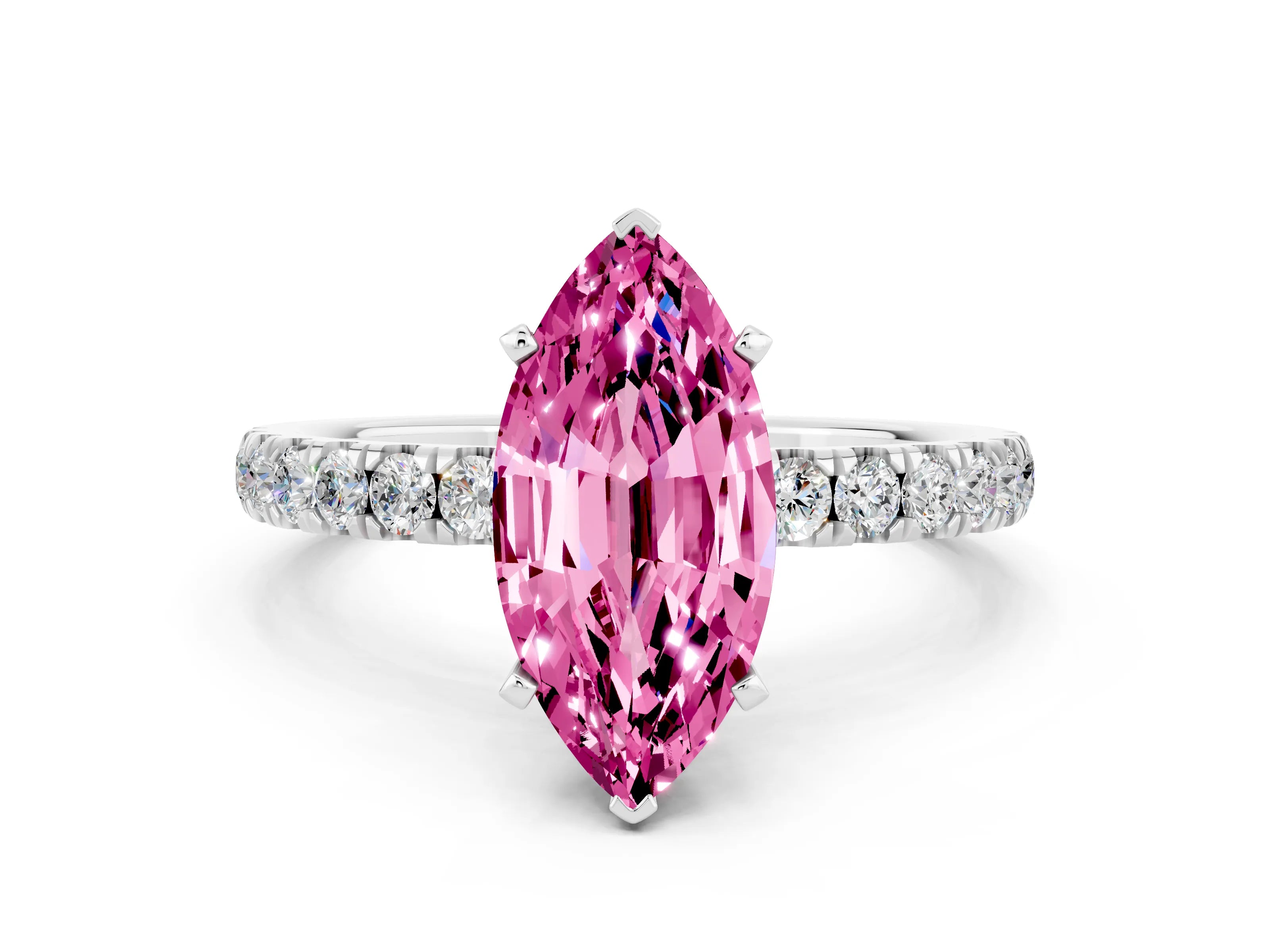 White gold Marquise Cut Pink Sapphire Solitaire Ring with Pavé Accents and Four-Prong Setting_24