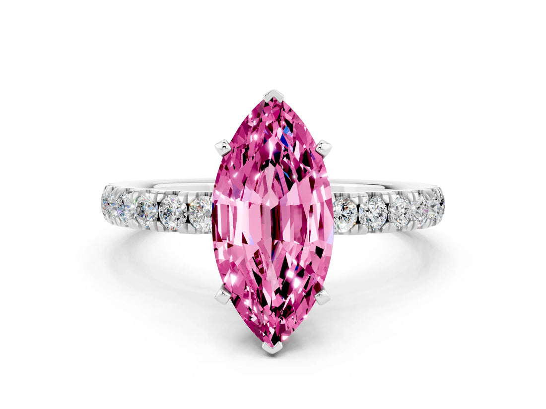 White gold Marquise Cut Pink Sapphire Solitaire Ring with Pavé Accents and Four-Prong Setting_24