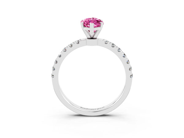 Platinum Marquise Cut Pink Sapphire Solitaire Ring with Pavé Accents and Four-Prong Setting