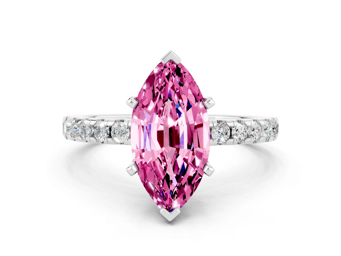 White gold Marquise Cut Pink Sapphire Solitaire Ring with Pavé Band and Four-Prong Setting_60