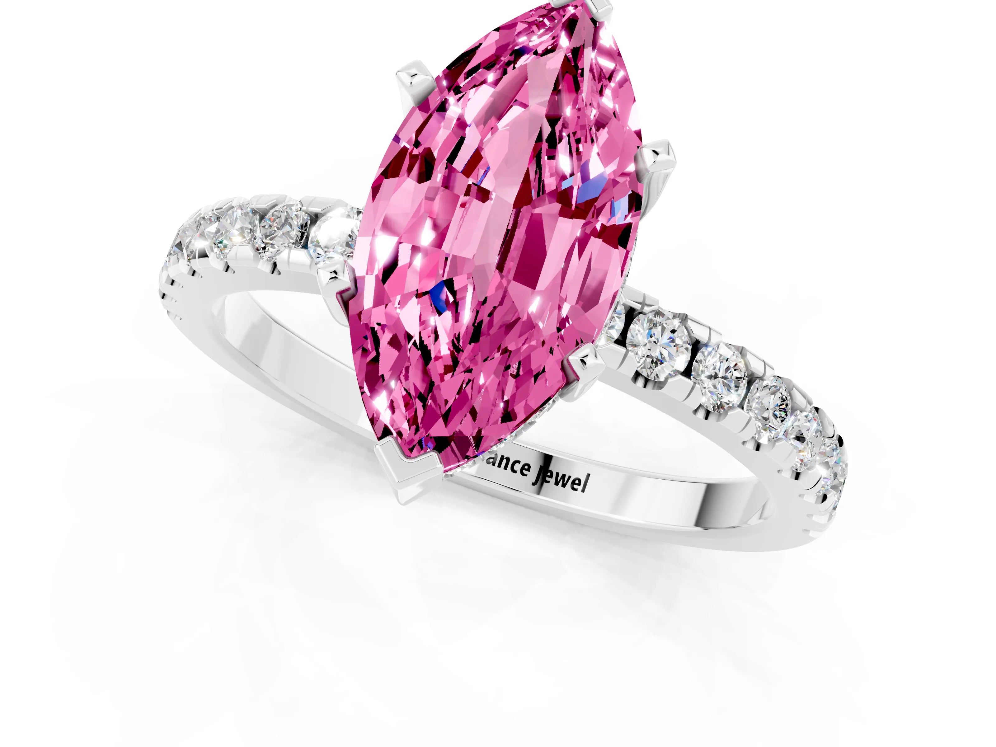 White gold Marquise Cut Pink Sapphire Solitaire Ring with Pavé Band and Four-Prong Setting_61