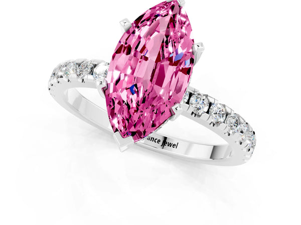 Silver Marquise Cut Pink Sapphire Solitaire Ring with Round  Pavé Band and Four-Prong Setting