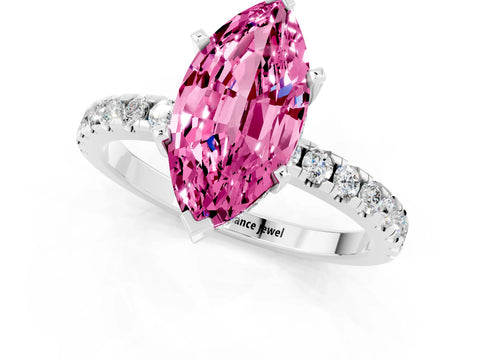 White gold Marquise Cut Pink Sapphire Solitaire Ring with Pavé Band and Four-Prong Setting_61