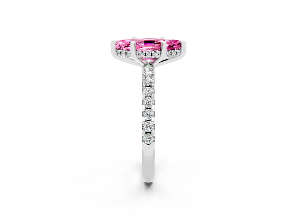 Platinum Marquise Cut Pink Sapphire Solitaire Ring with Round  Pavé Band and Four-Prong Setting