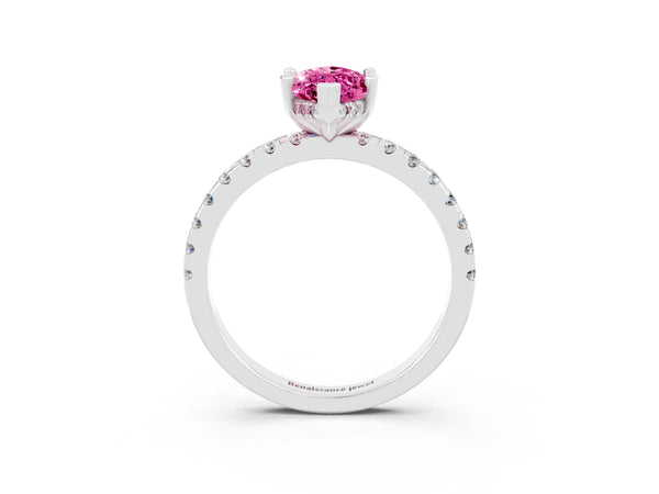 White gold Marquise Cut Pink Sapphire Solitaire Ring with Round  Pavé Band and Four-Prong Setting