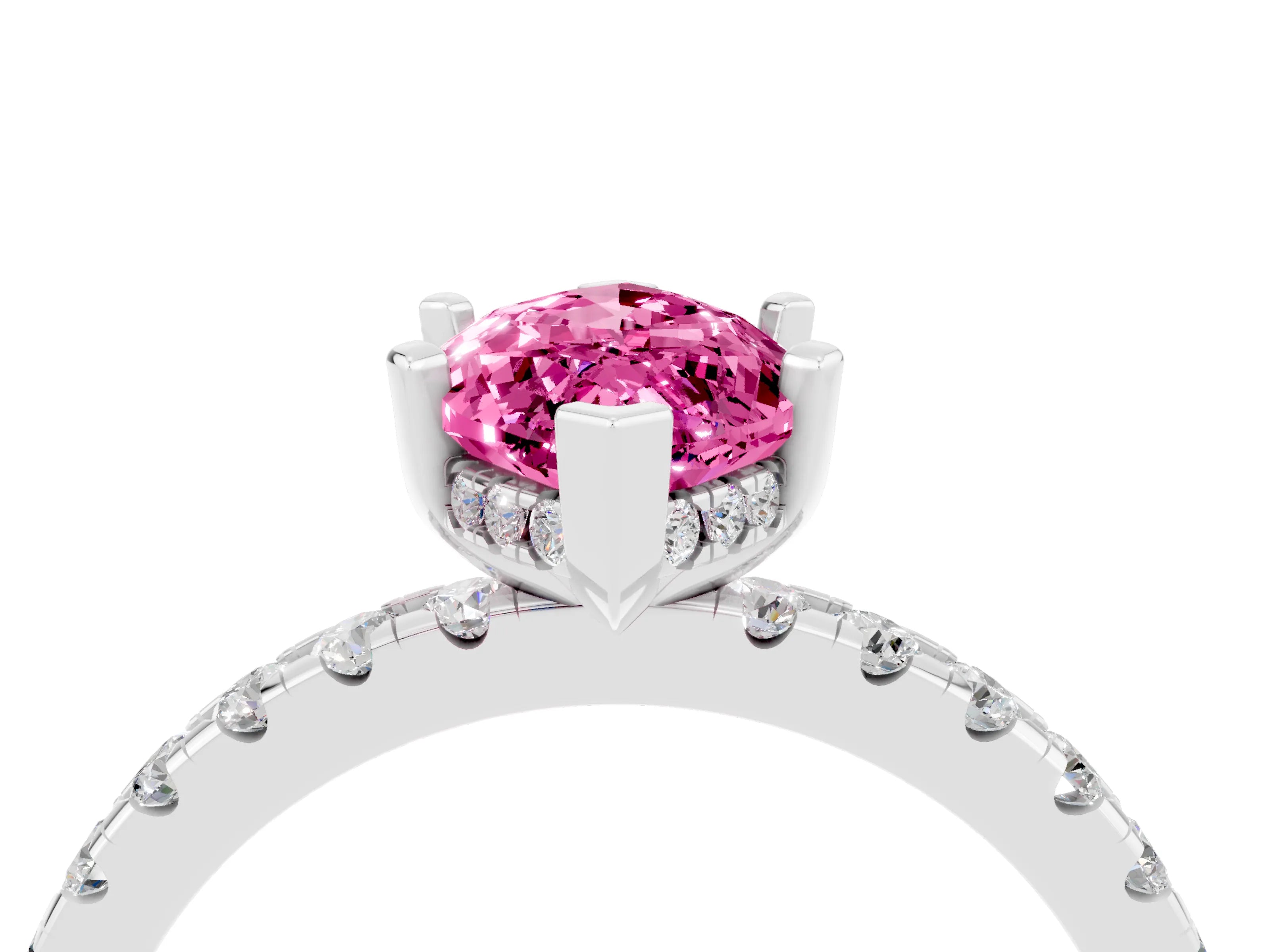 White gold Marquise Cut Pink Sapphire Solitaire Ring with Pavé Band and Four-Prong Setting_64