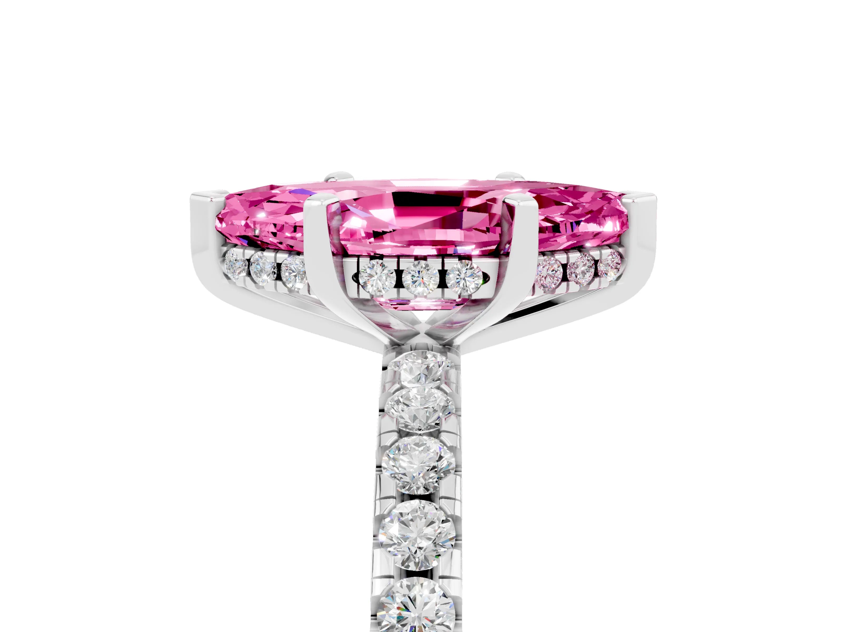 White gold Marquise Cut Pink Sapphire Solitaire Ring with Pavé Band and Four-Prong Setting_65