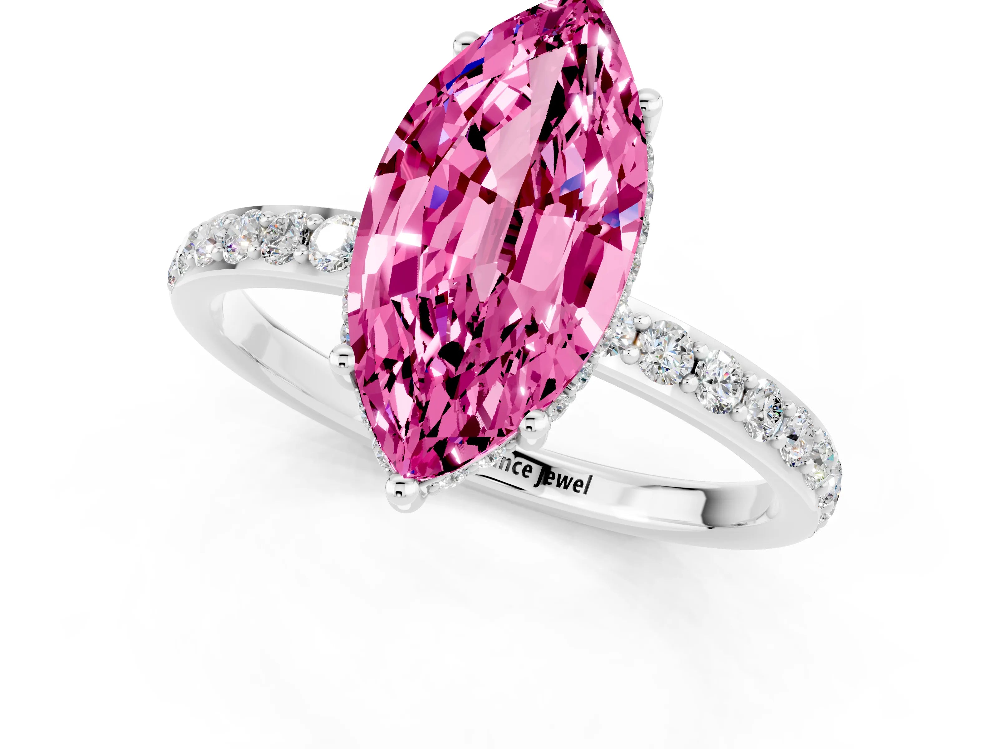 White gold Marquise Cut Pink Sapphire Solitaire Ring with Pavé Band and Hidden Halo_25