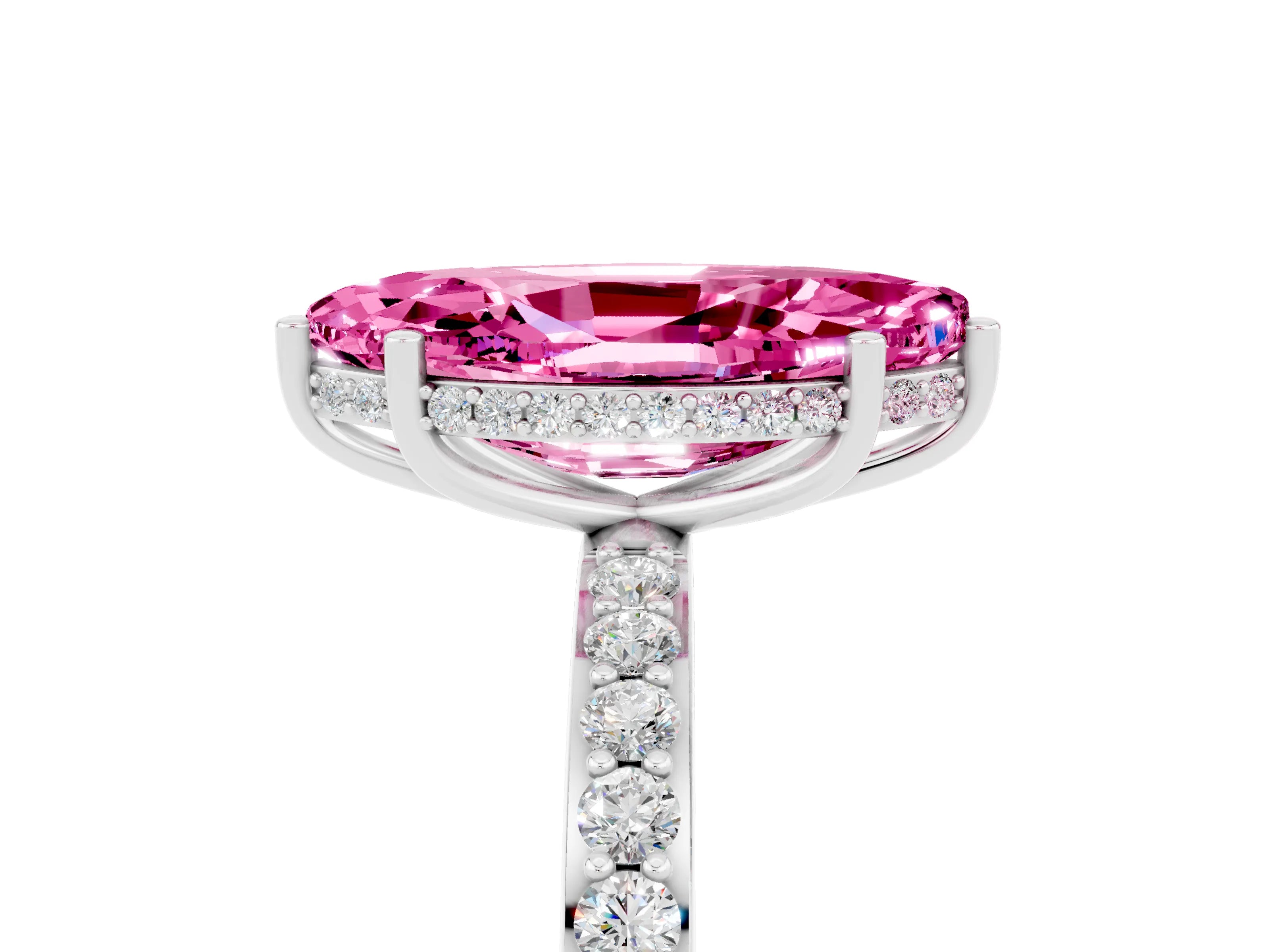 White gold Marquise Cut Pink Sapphire Solitaire Ring with Pavé Band and Hidden Halo_29