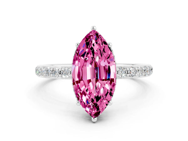 White gold Marquise Cut Pink Sapphire Solitaire Ring with Pavé Band and Hidden Halo