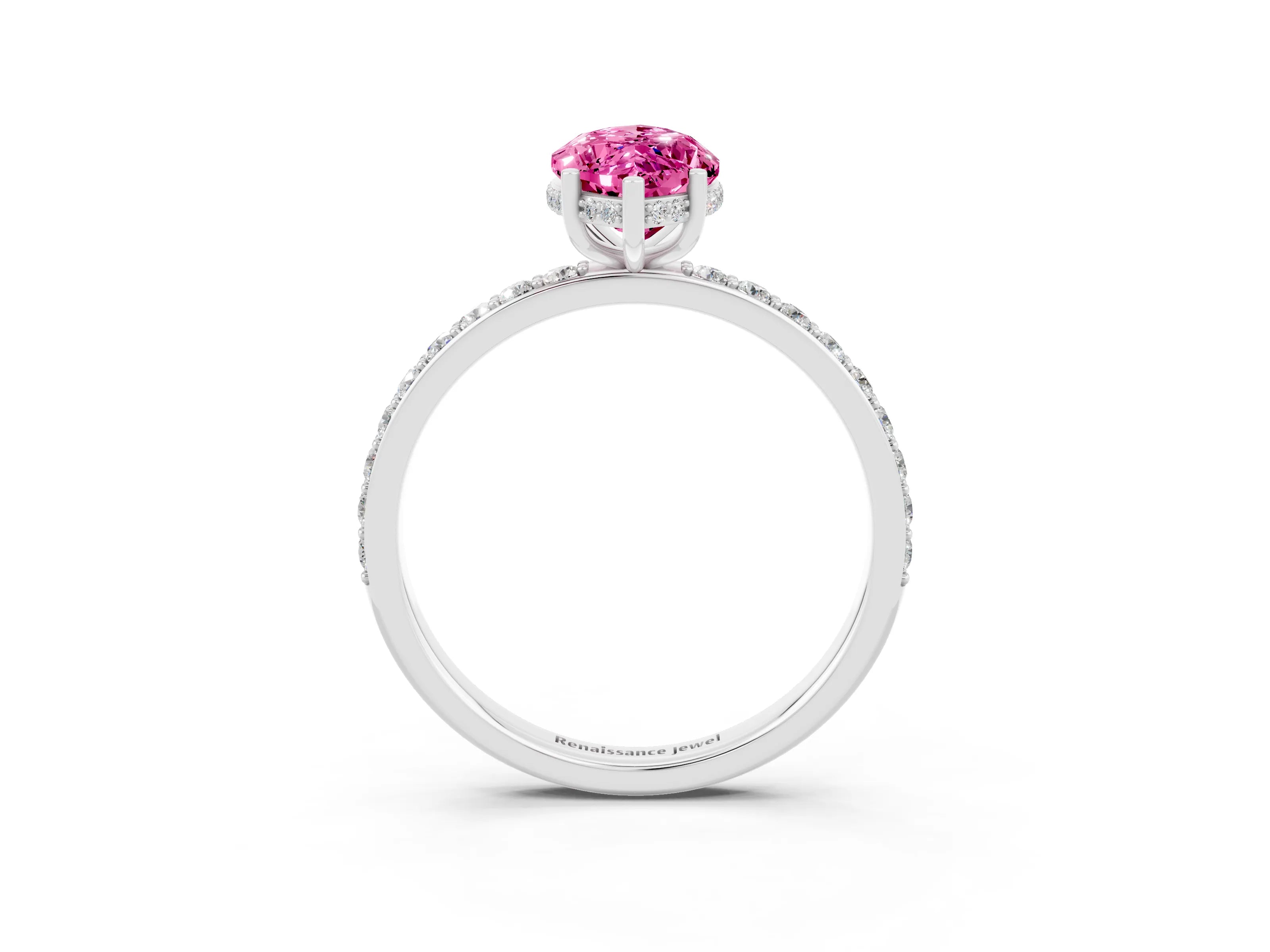 White gold Marquise Cut Pink Sapphire Solitaire Ring with Pavé Band and Hidden Halo_45