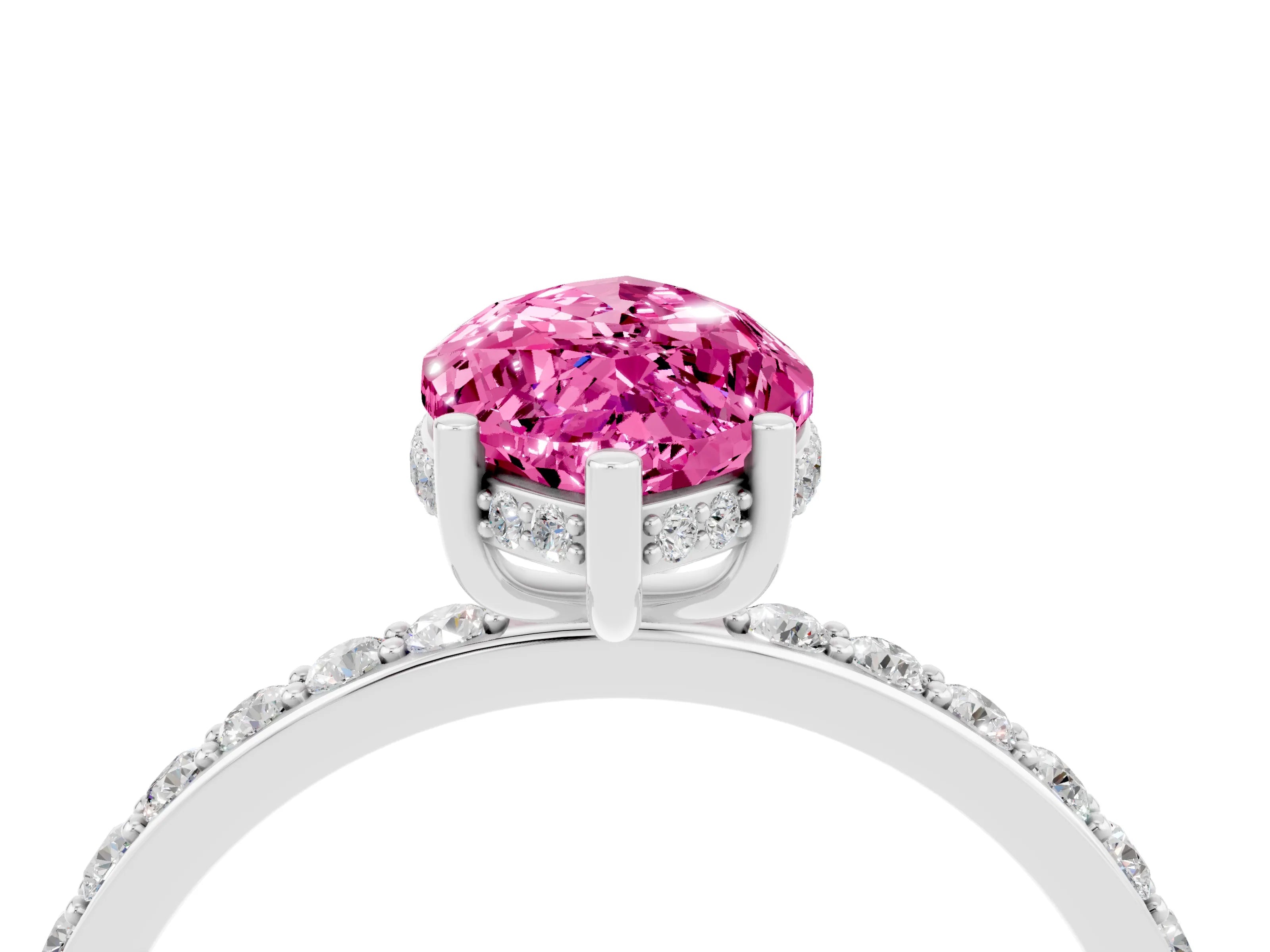 White gold Marquise Cut Pink Sapphire Solitaire Ring with Pavé Band and Hidden Halo_46