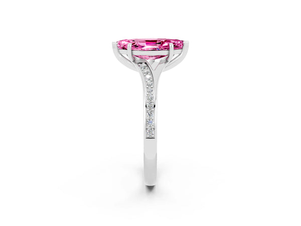 Platinum Marquise Cut Pink Sapphire Solitaire Ring with Pavé Band and Prong Setting