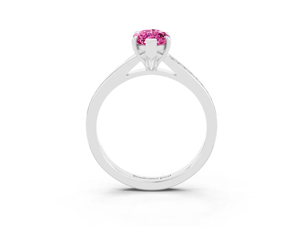 White gold Marquise Cut Pink Sapphire Solitaire Ring with Pavé Band and Prong Setting