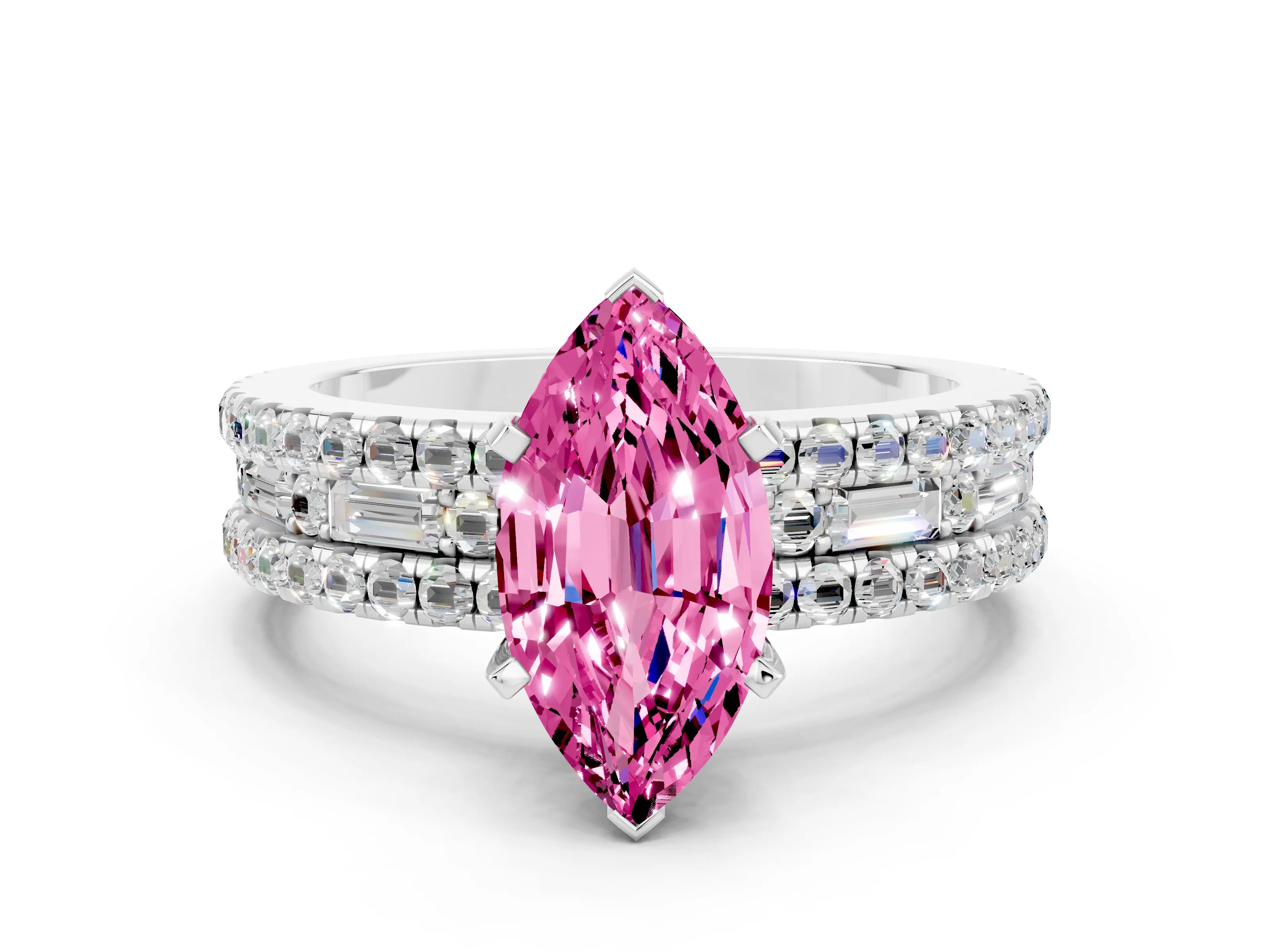 White gold Marquise Cut Pink Sapphire Solitaire Ring with Pavé and Channel Set Band_24