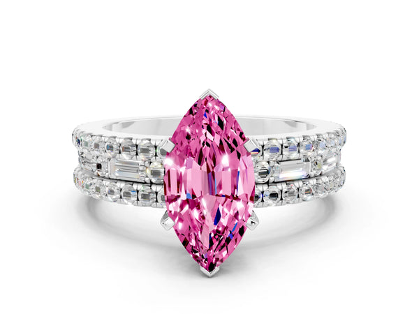 White gold Marquise Cut Pink Sapphire Solitaire Ring with Pavé and Channel Set Band