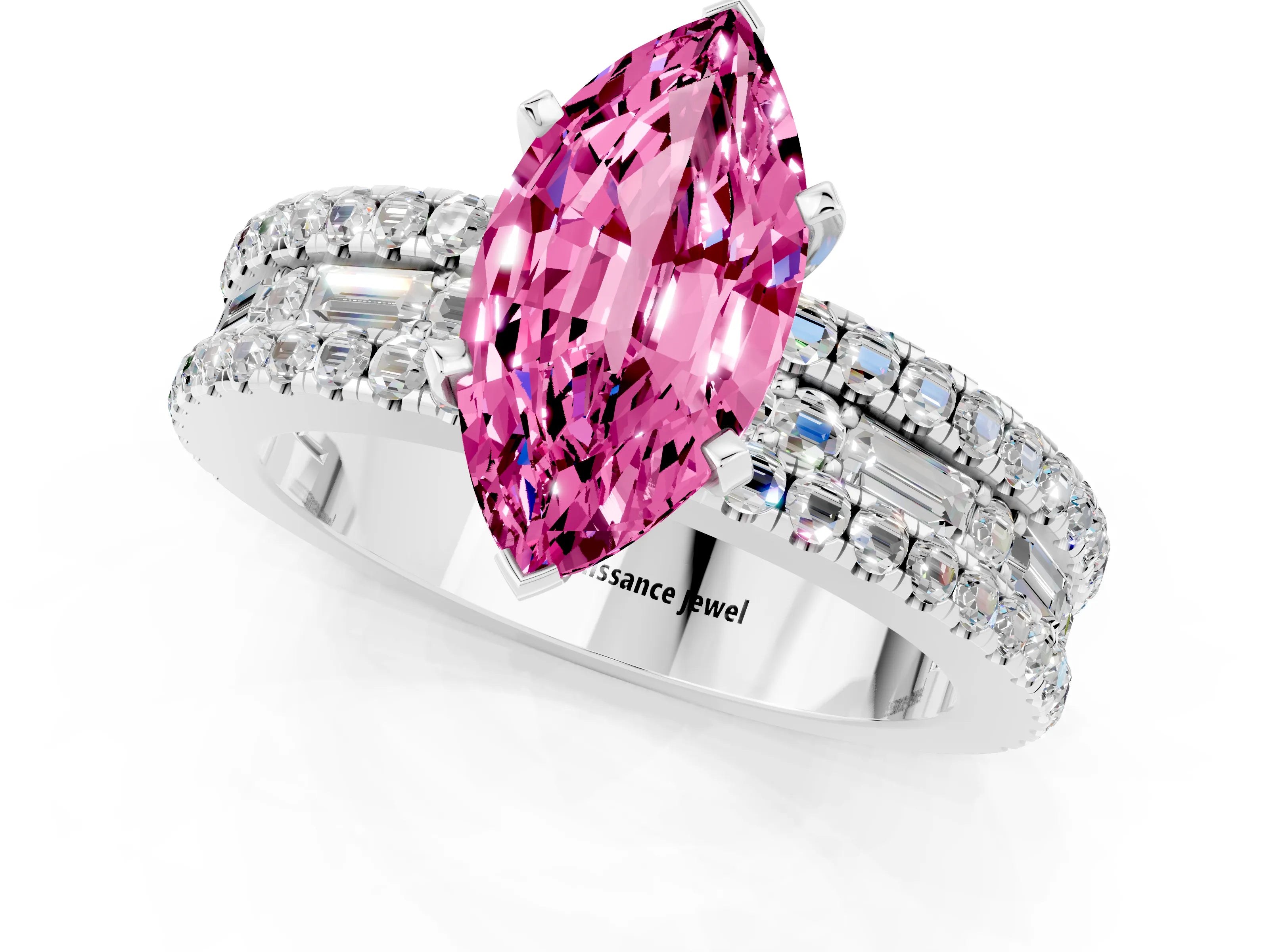 White gold Marquise Cut Pink Sapphire Solitaire Ring with Pavé and Channel Set Band_25