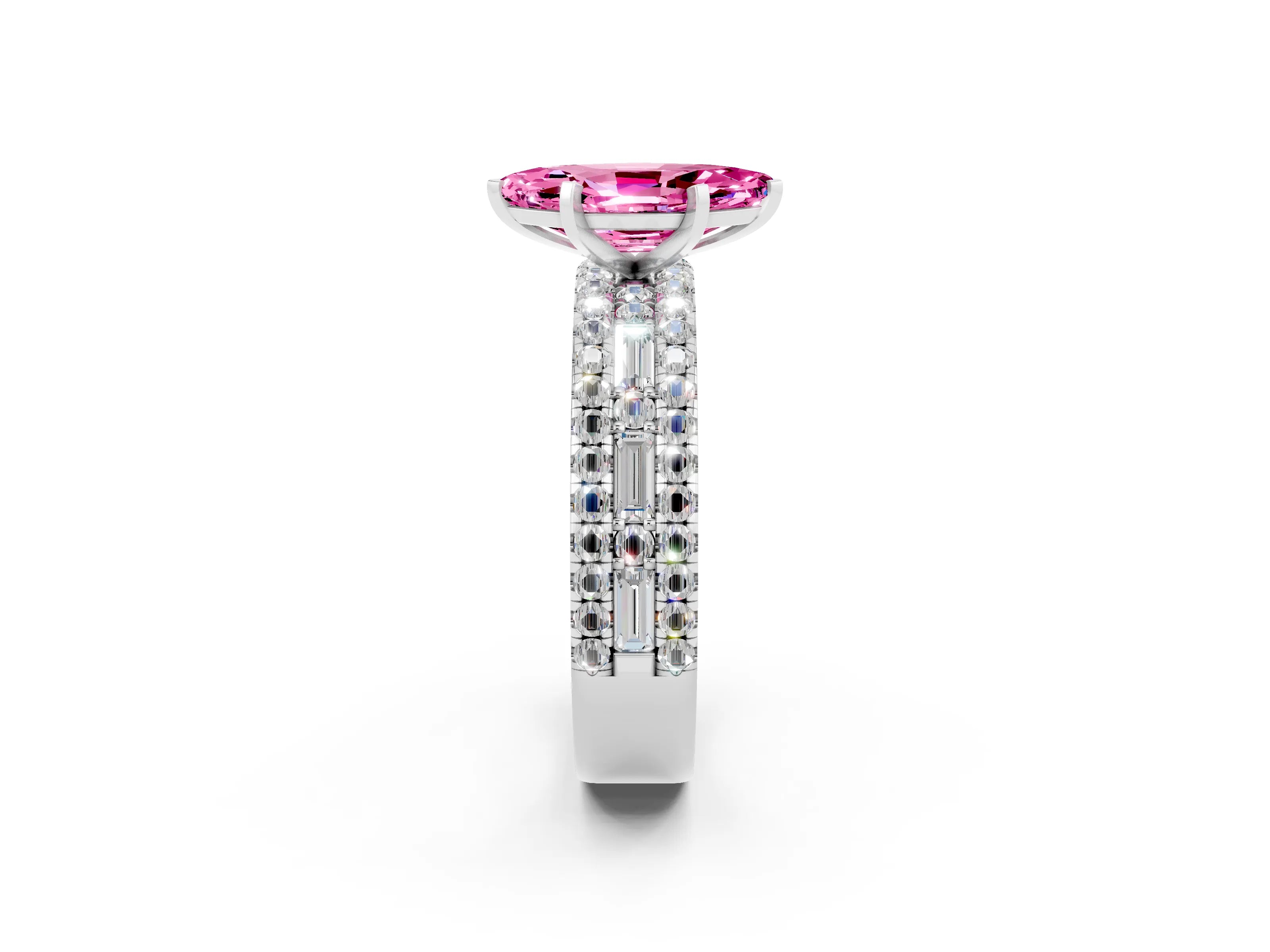 White gold Marquise Cut Pink Sapphire Solitaire Ring with Pavé and Channel Set Band_26