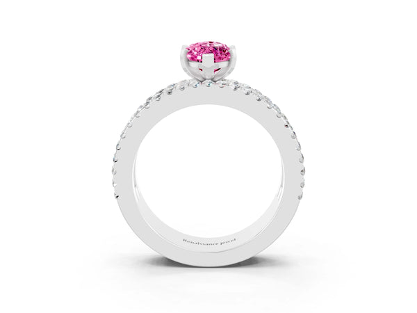 Platinum Marquise Cut Pink Sapphire Solitaire Ring with Pavé and Channel Set Band