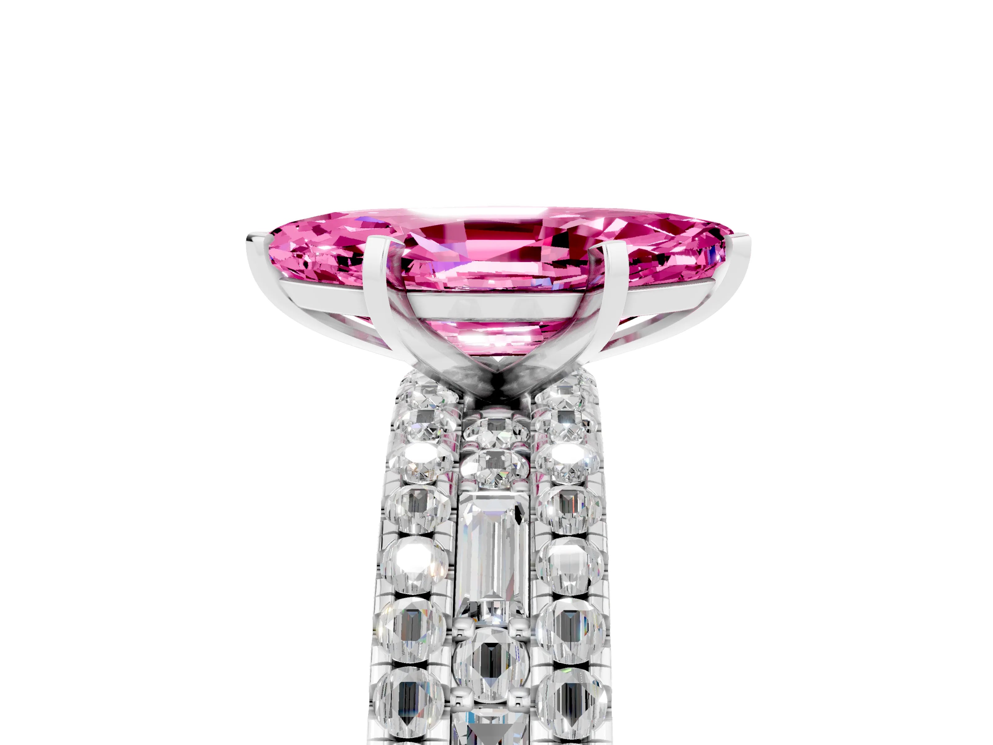 White gold Marquise Cut Pink Sapphire Solitaire Ring with Pavé and Channel Set Band_29