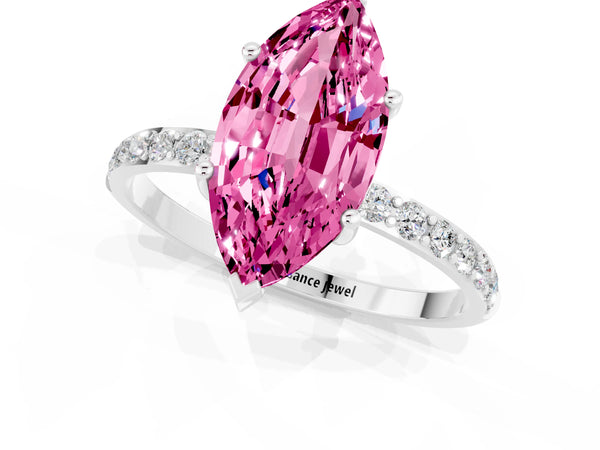 Platinum Marquise Cut Pink Sapphire Solitaire Ring with Round  Pavé Band and Prong Setting