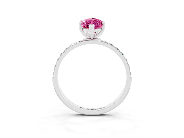 Platinum Marquise Cut Pink Sapphire Solitaire Ring with Round  Pavé Band and Prong Setting