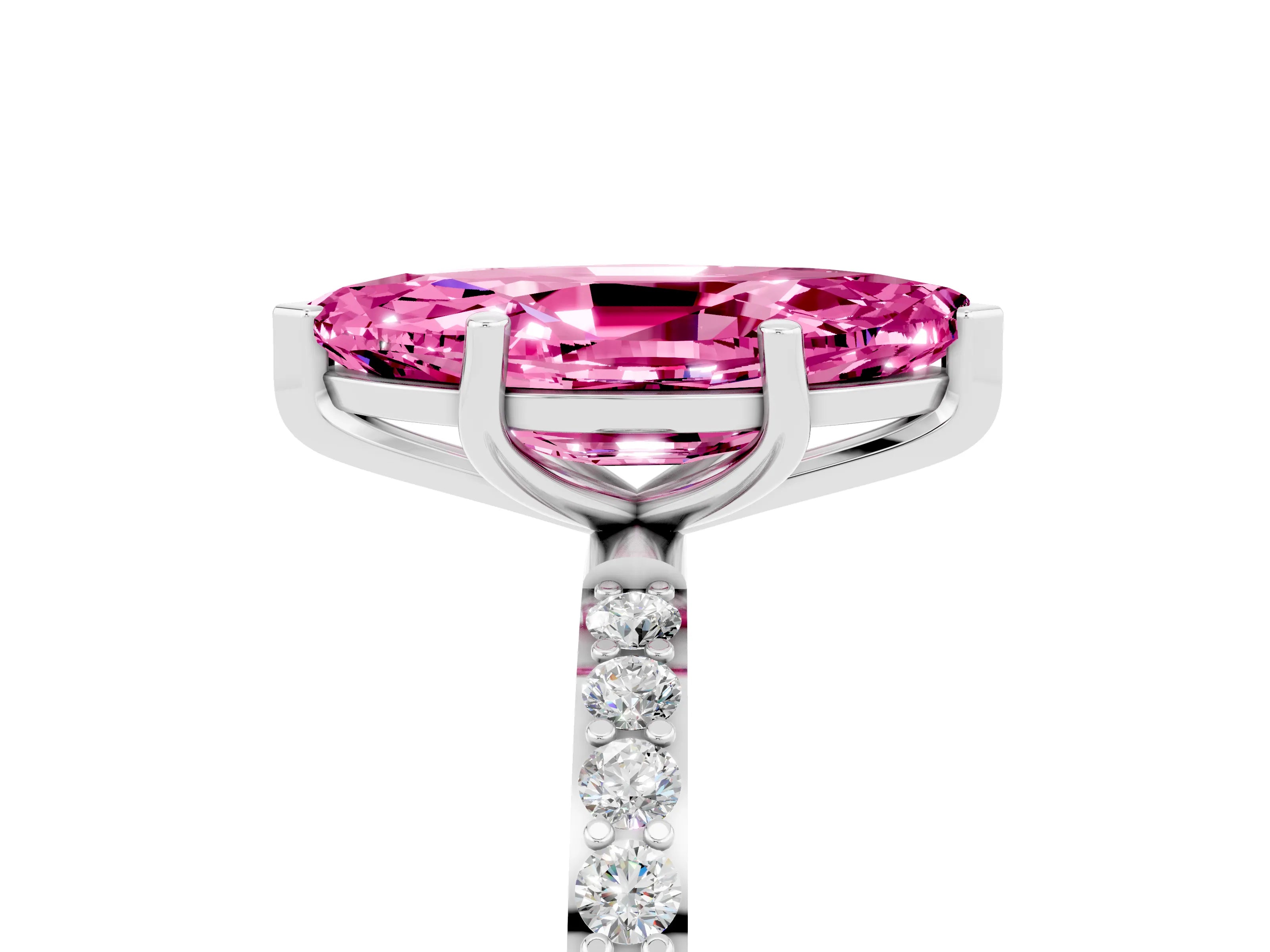 White gold Marquise Cut Pink Sapphire Solitaire Ring with Pave Band and Four Prong Setting_53