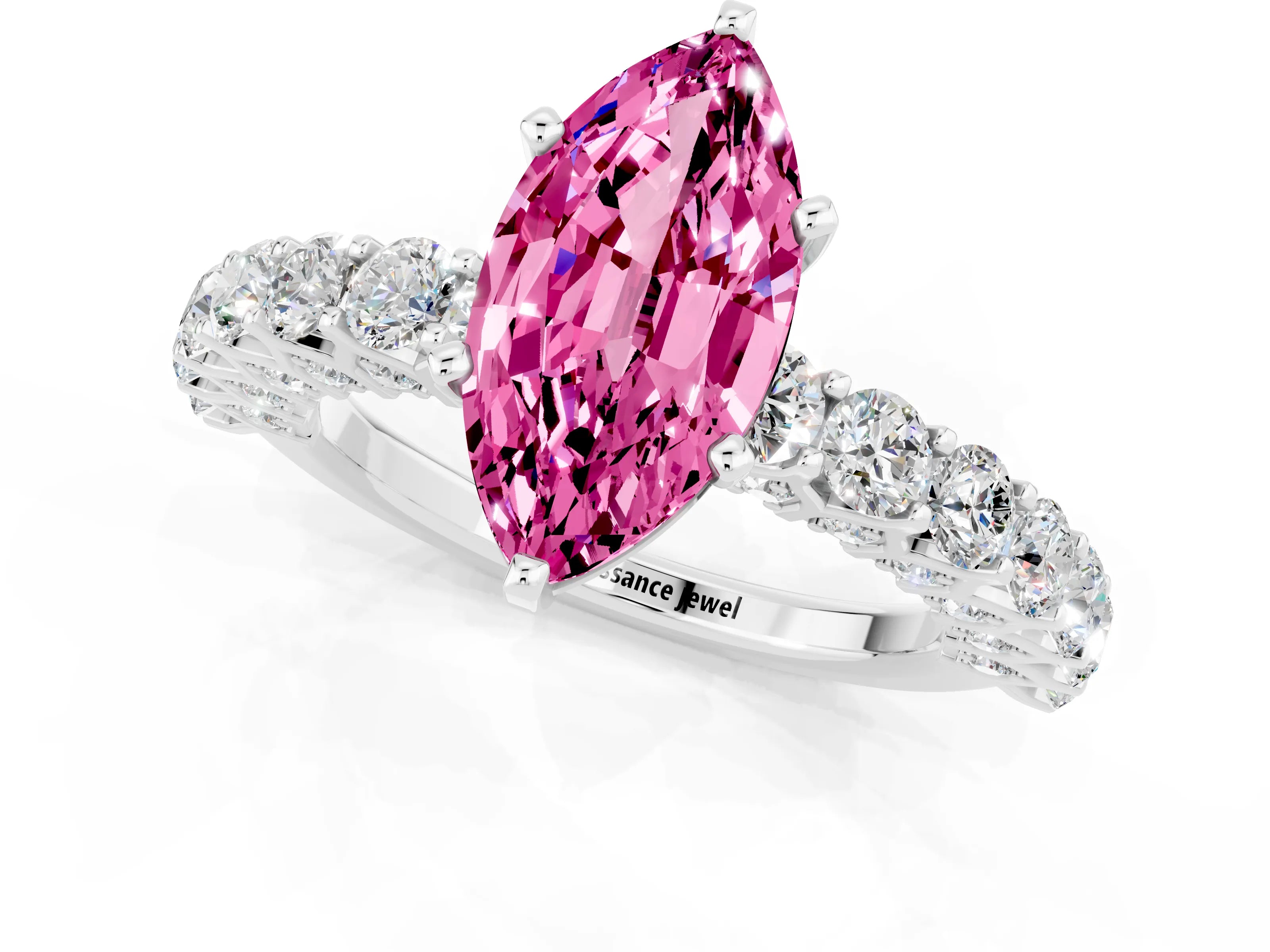 White gold Marquise Cut Pink Sapphire Solitaire Ring with Shared Prong Pavé Band and Four-Prong Setting_1