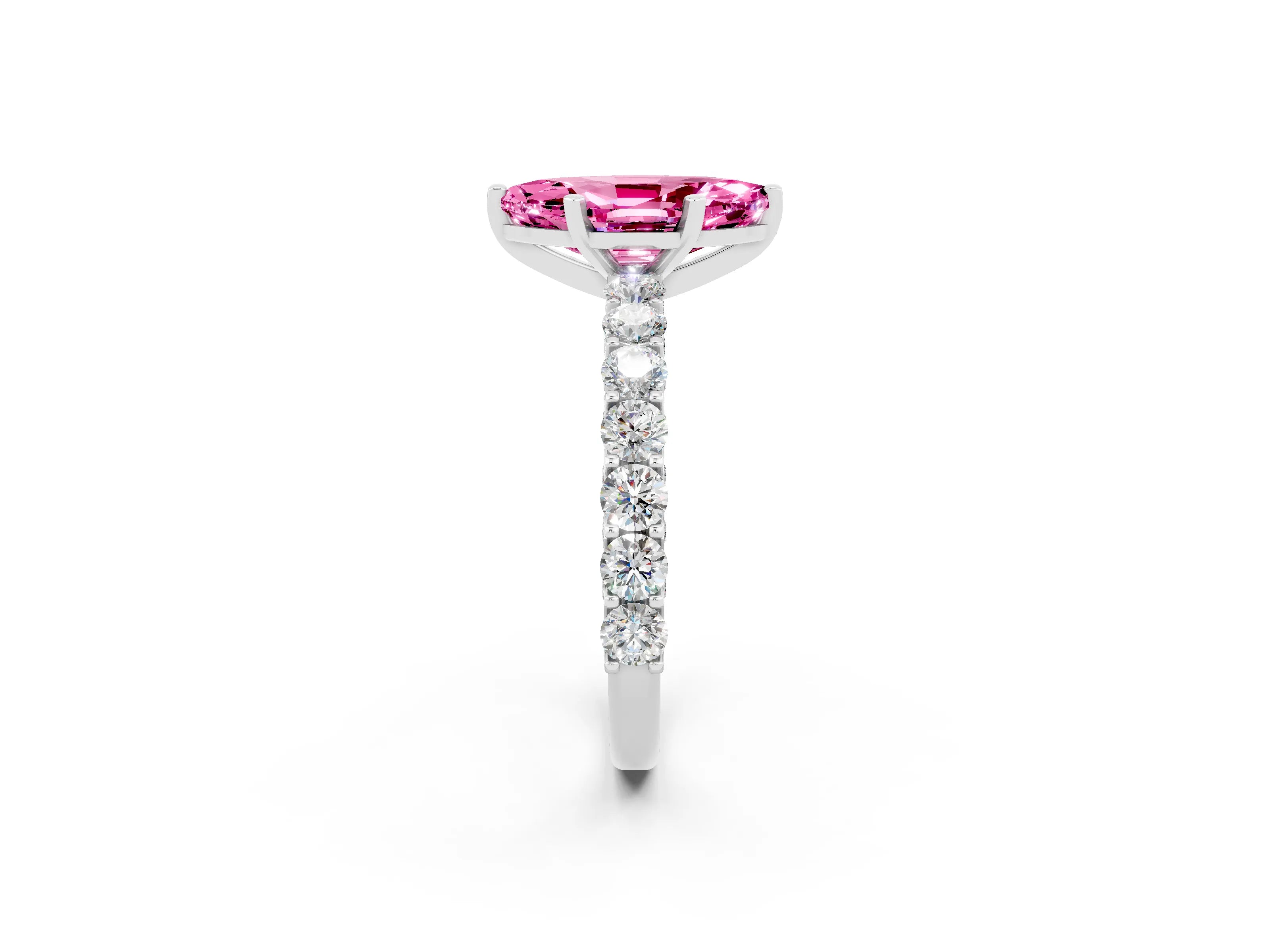 White gold Marquise Cut Pink Sapphire Solitaire Ring with Shared Prong Pavé Band and Four-Prong Setting_2