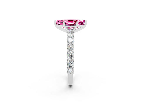 White gold Marquise Cut Pink Sapphire Solitaire Ring with Shared Prong Pavé Band and Four-Prong Setting_2