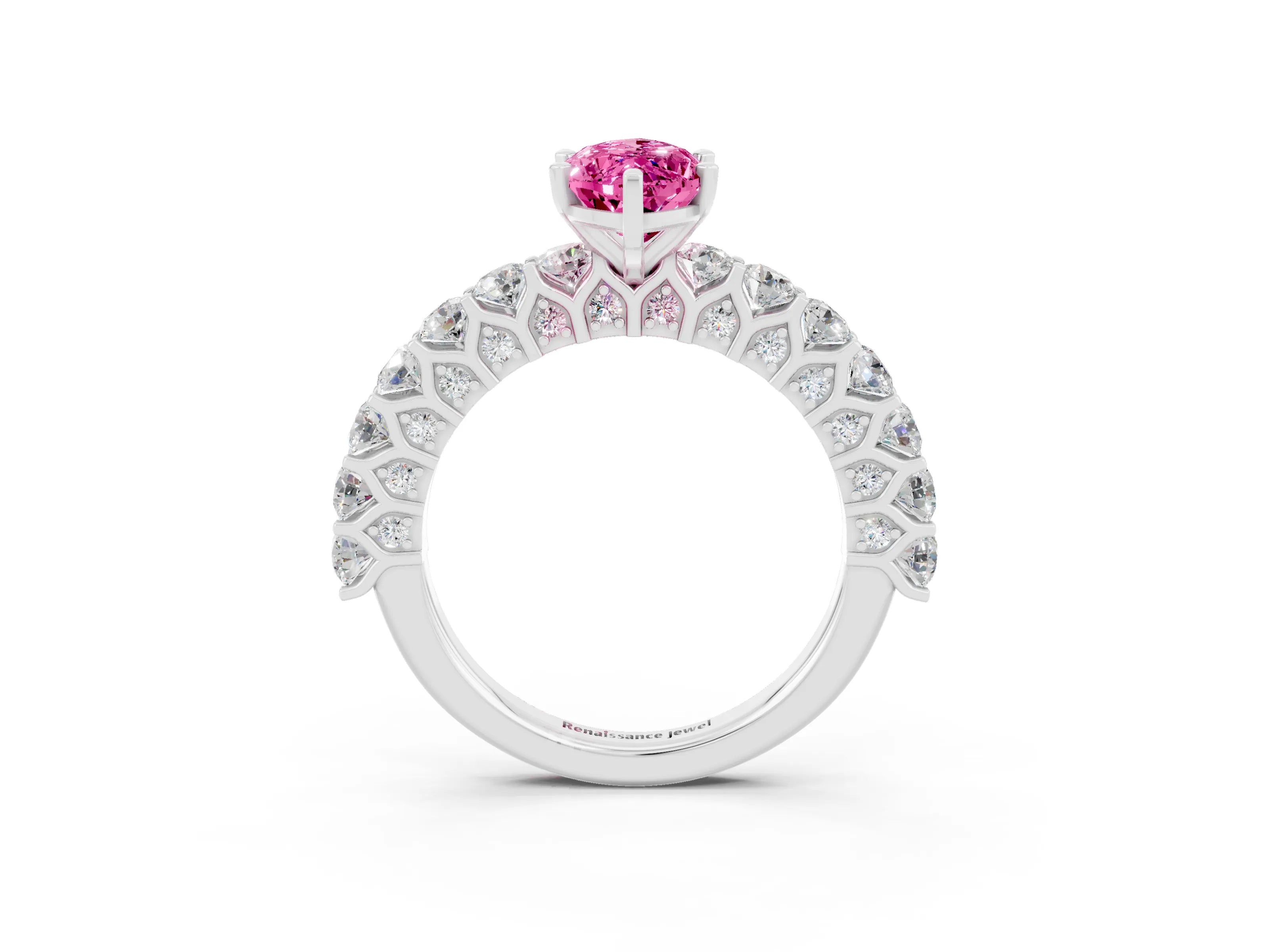 White gold Marquise Cut Pink Sapphire Solitaire Ring with Shared Prong Pavé Band and Four-Prong Setting_3