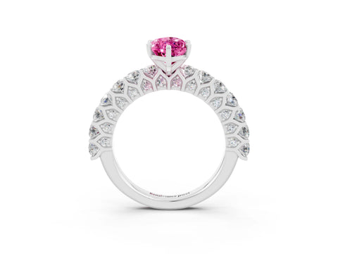 White gold Marquise Cut Pink Sapphire Solitaire Ring with Shared Prong Pavé Band and Four-Prong Setting_3
