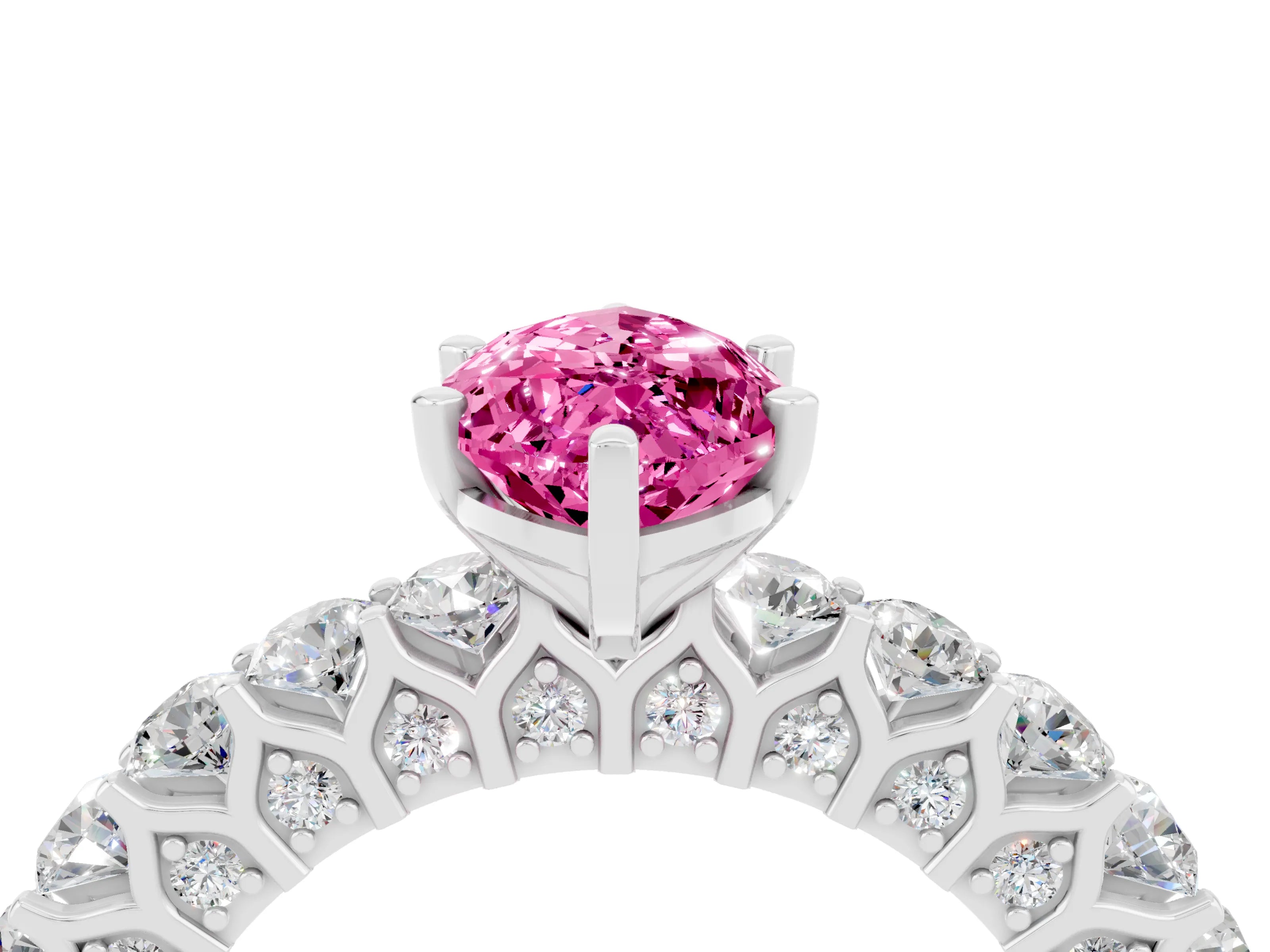 White gold Marquise Cut Pink Sapphire Solitaire Ring with Shared Prong Pavé Band and Four-Prong Setting_4
