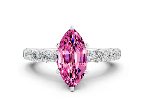 White gold Marquise Cut Pink Sapphire Solitaire Ring with Shared Prong Pavé Band and Four-Prong Setting