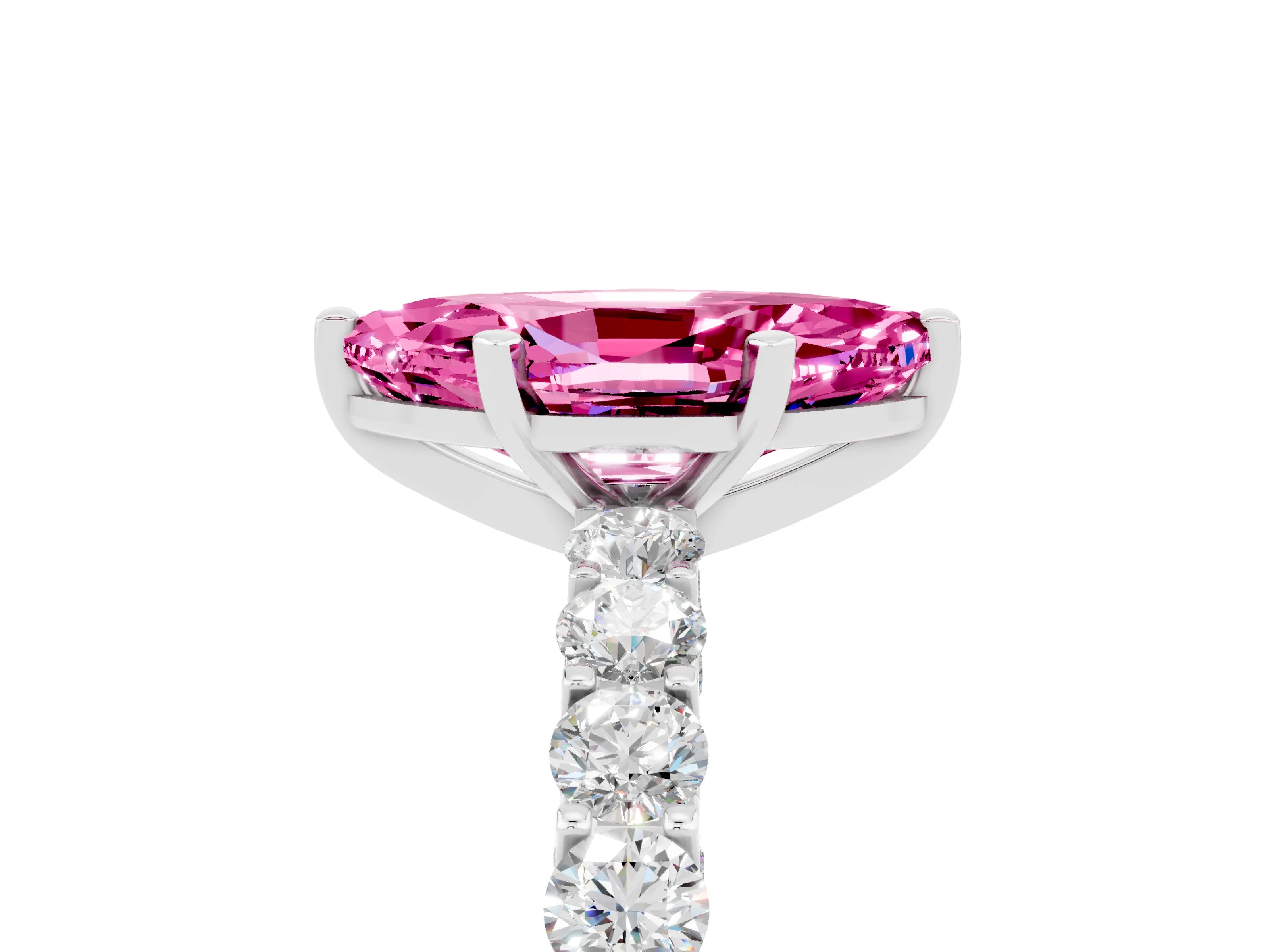 White gold Marquise Cut Pink Sapphire Solitaire Ring with Shared Prong Pavé Band and Four-Prong Setting_5