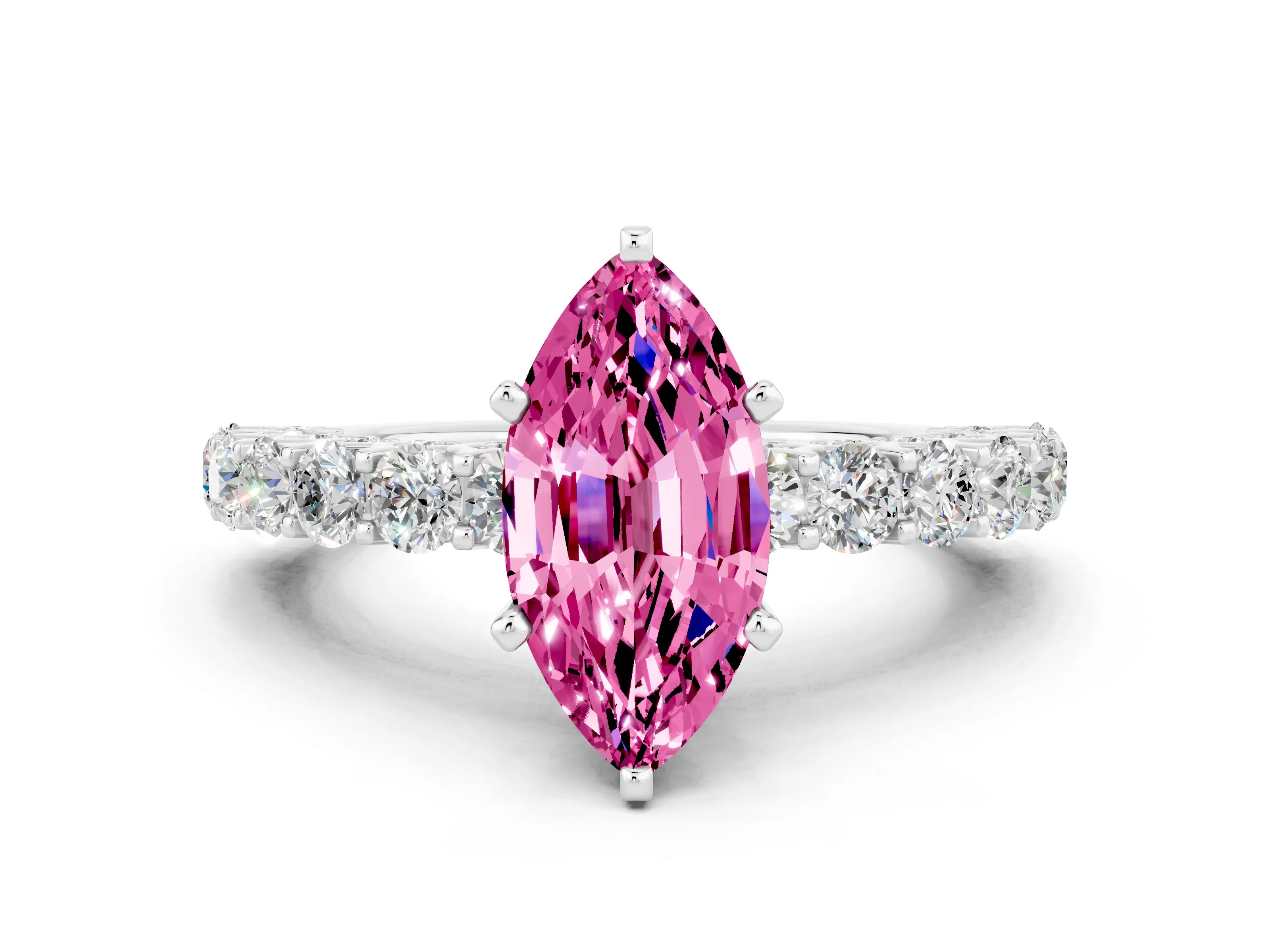 White gold Marquise Cut Pink Sapphire Solitaire Ring with Shared Prong Pavé Band and Four-Prong Setting