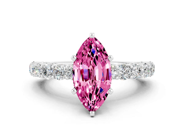 White gold Marquise Cut Pink Sapphire Solitaire Ring with Shared Prong Pavé Band and Four-Prong Setting